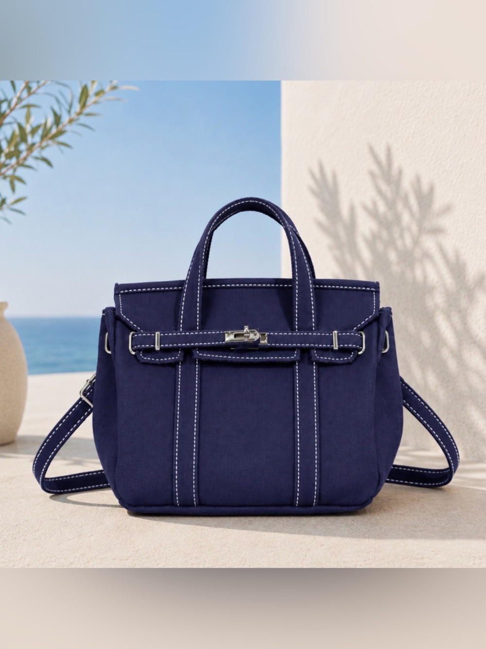 Small Navy Canvas Tote Bag with Adjustable Strap